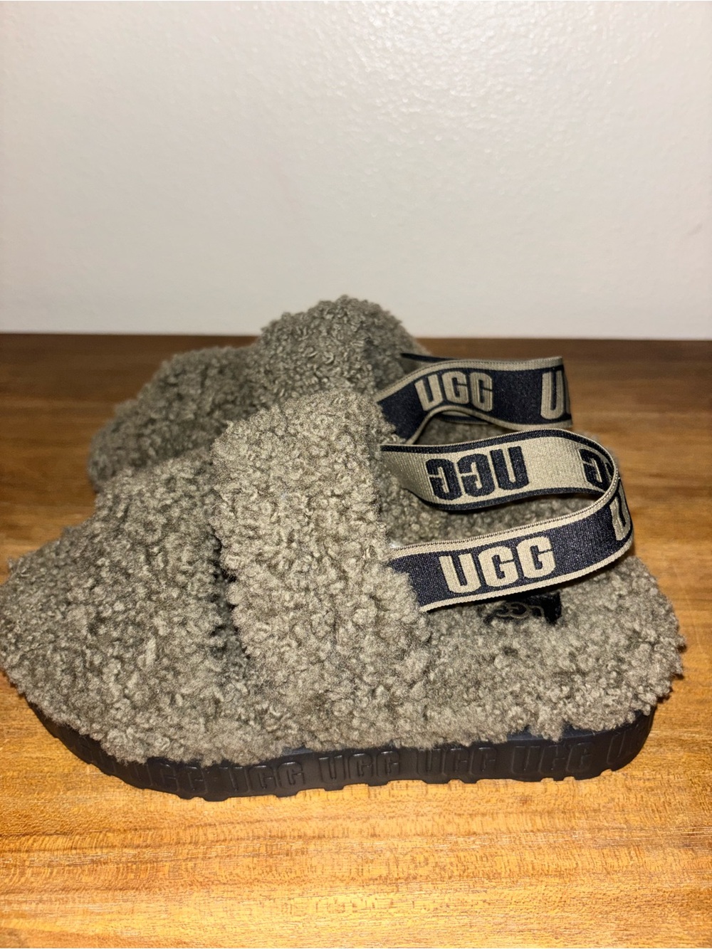 UGG Plush Double-Strap Shearling Slides in Olive NWOB - Picture 2 of 4